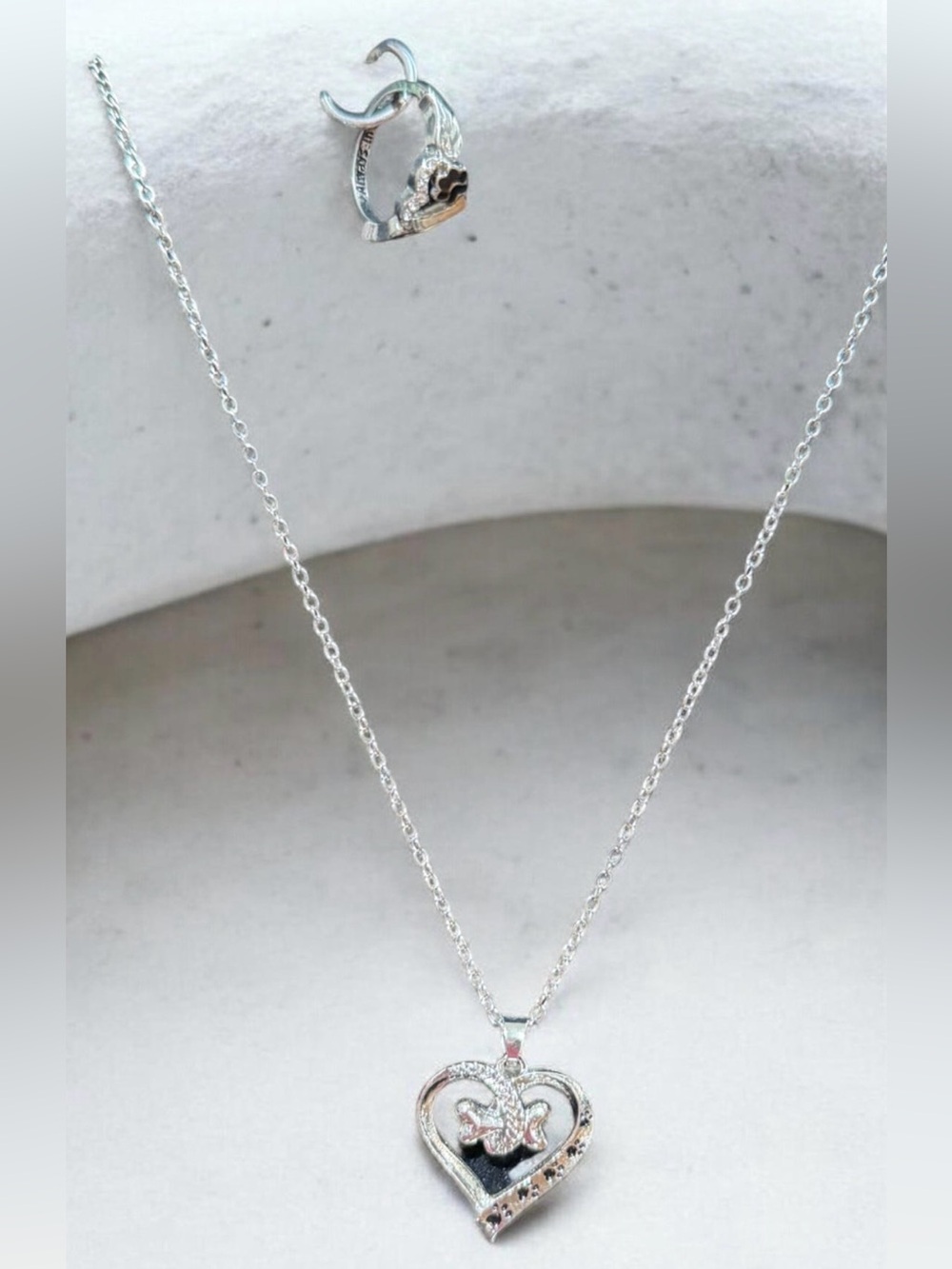 Silver Tone Heart Paw Ring and Necklace. Ring size 6 or 7.